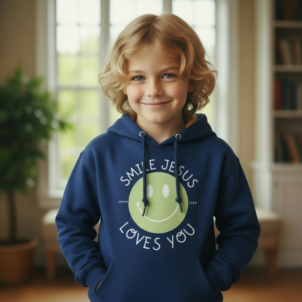 Smile Jesus Loves You-Navy-Youth Medium-Hoodie